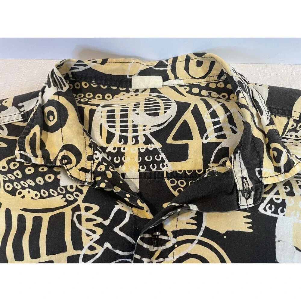 African Tribal Hawaiian Shirt Mens Large Square Buttons Kuta Bali Black Gold VTG